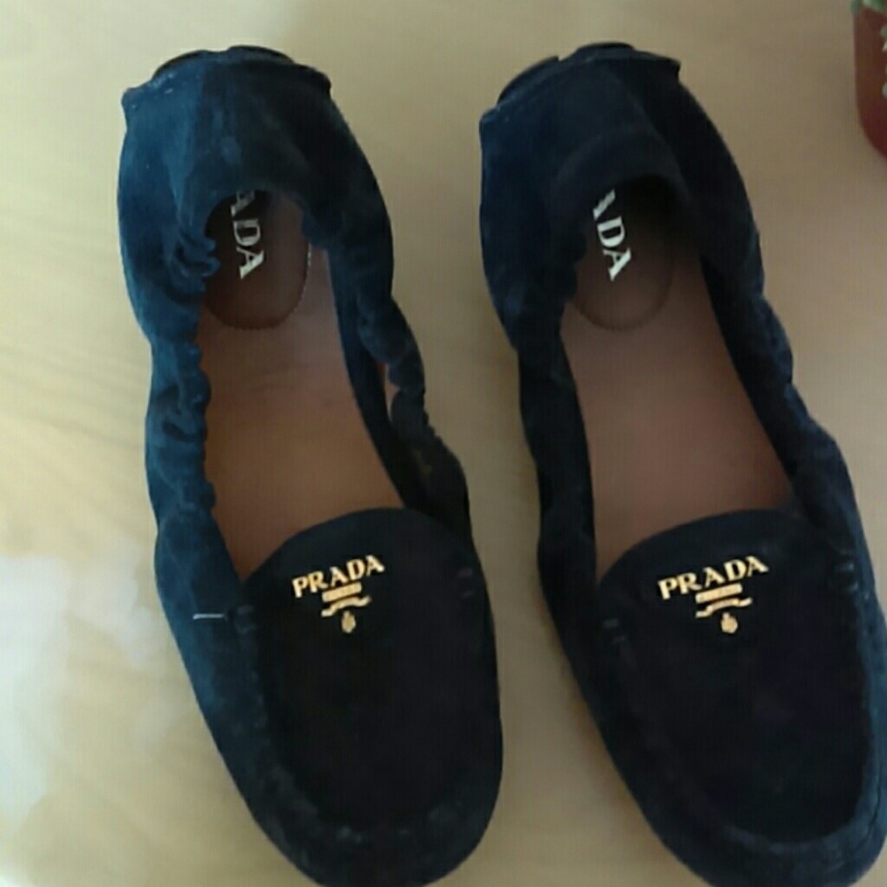 Prada Navy Blue Suede Loafers with Gold Logo